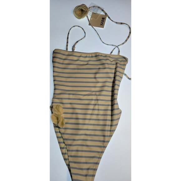 SAME LOS ANGELES One Piece Swimsuit Womens Stripped Sz Small Flower Beige Blue - Picture 1 of 10